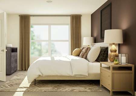 Rendering of the owner's suite featuring
  plush furniture and stylish décor. 