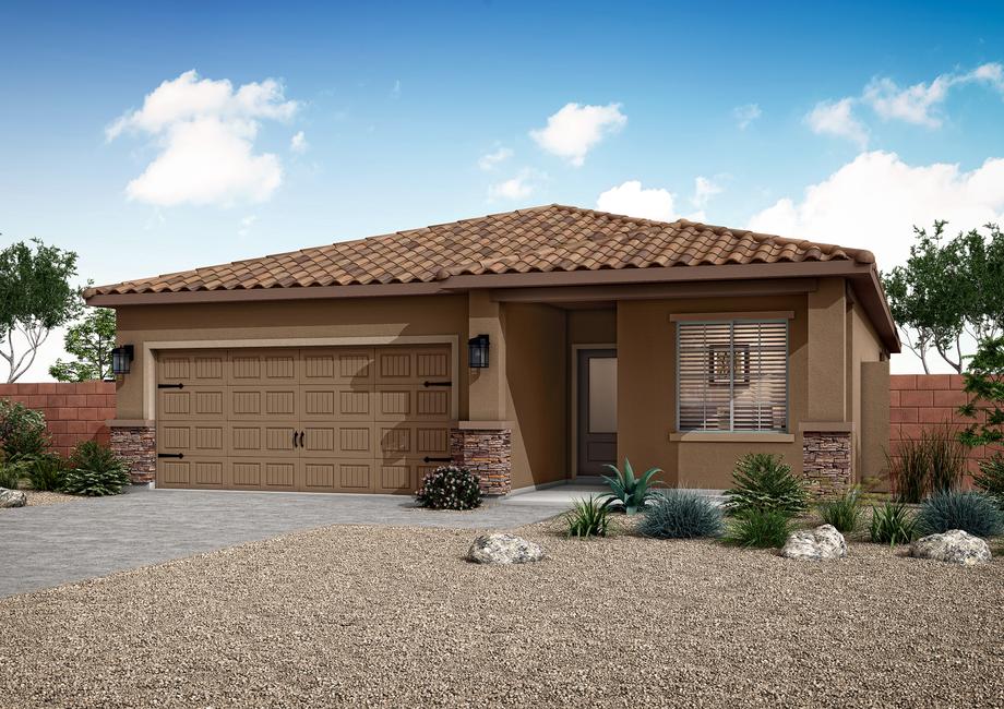 Rendering of the Bisbee with a two-car garage and professional front yard landscaping.