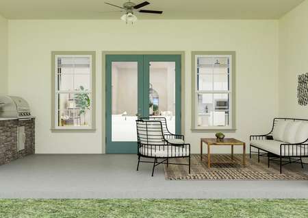 Rendering of backyard patio showing a
  built in grill and sink along the left side and outdoor furniture sitting
  below a ceiling fan.