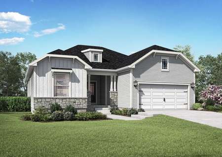 The Mid Atlantic Anna rendering of the front exterior of a single story home with attached garage.