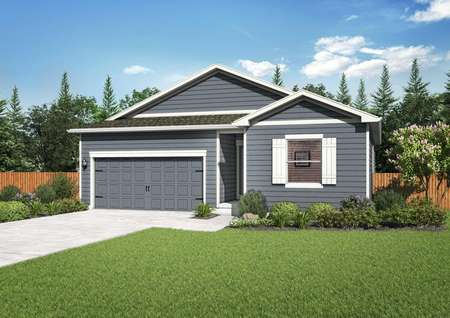 Grey rendering of the Chatfield floor plan model with white trim around the two-car garage and lush green grass front yard.