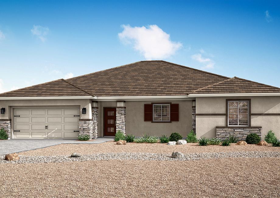 The Pismo plan has a stunning stucco and stone exterior.