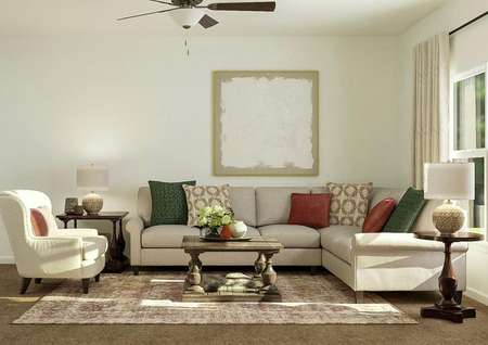 Rendering of living room with large
  couch, additional seating, square coffee table and window.