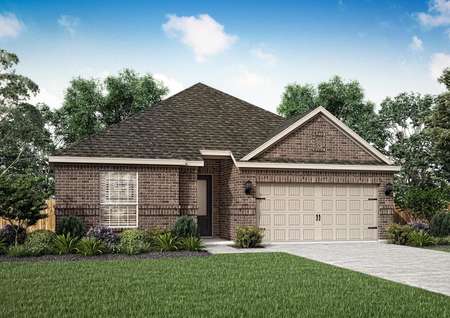 Artist illustration of the one-story Atchison by LGI Homes with brown brick and beige paint trim.