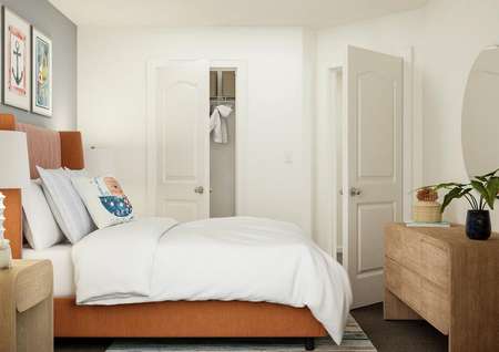Rendering of a secondary bedroom
  featuring a large bed and two nightstands with a view of the closet to the
  right.