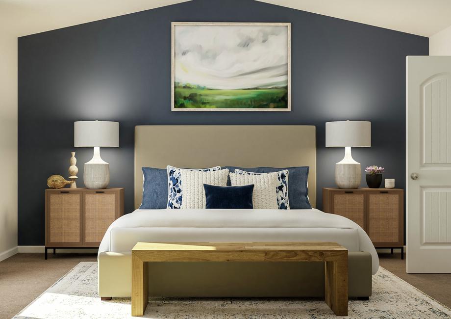 Rendering of the large master bedroom
  with vaulted ceiling. A large bed is between two nightstand and a large
  painting hangs above the bed.