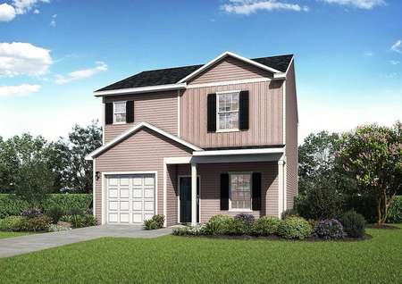 Rendering of the Cumberland model home with a single-car garage, tan siding, shingle roof, shutters outline the windows, professional landscaped front yard