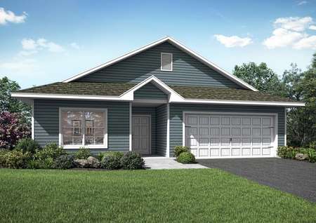 Artist rendering of the front elevation of the single-story St. Brittany plan by LGI Homes in blue siding with white trim and white two-car garage door.