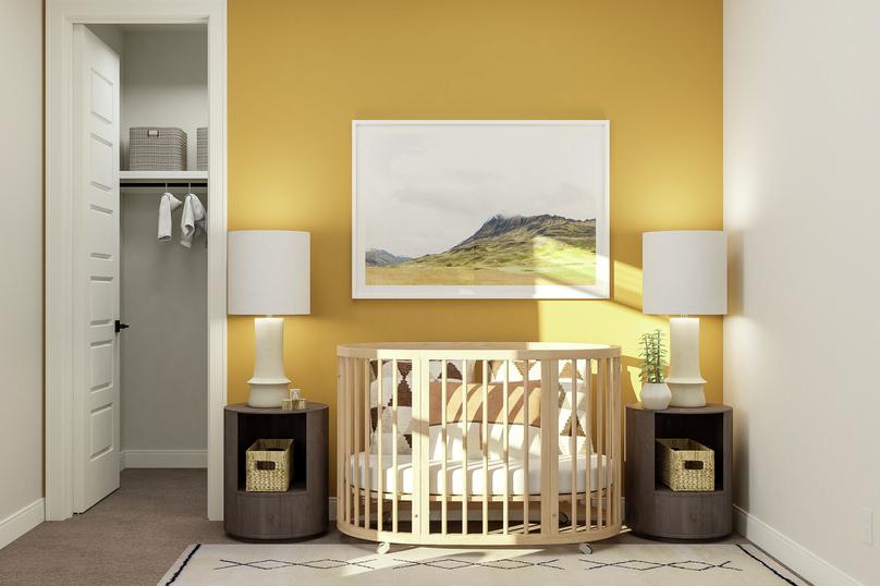Rendering of a secondary bedroom
  converted into a nursery featuring a crib and two nightstands along a yellow
  accent wall. A walk-in closet is to the left.Â 