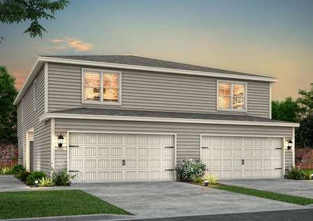 Angled view of the Elm dusk rendering with light gray siding.
