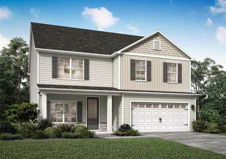 Elevation rendering of the Hawthorn with a water table, front yard landscaping and shutters.