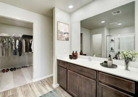 Staged bath with a large vanity and walk-in closet.