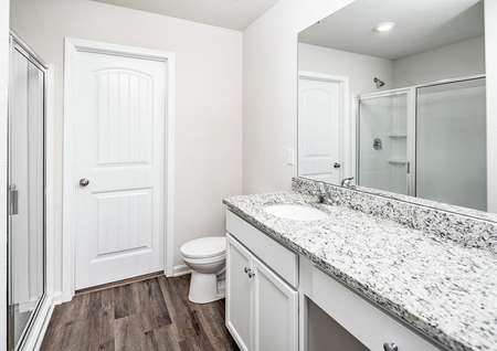 Master bathroom with a granite vanity and a walk-in shower.