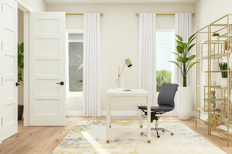 Rendering of the office showing a white
  desk and chair, open shelving, and potted plant along two large windows and a
  door leading to the next room.