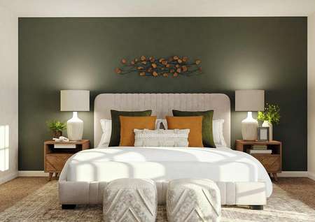 Rendering of spacious master bedroom with
  dark green accent wall and carpet flooring. Decorated with large cream bed
  and two wooden nightstands.