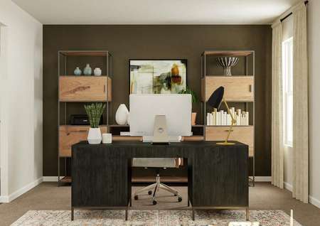 Rendering of a home office with carpeted
  flooring and a window. A large desk sits in front of bookshelves and abstract
  artwork.