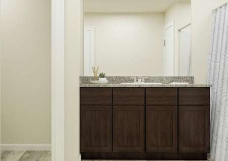 Rendering of the master bath in the Hennepin showing the brown cabinet vanity next to the shower.