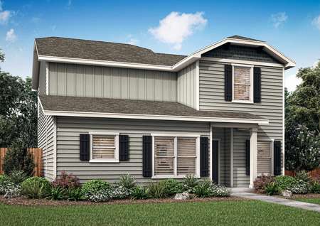 The Brantley has light gray siding and the added charm of window shutters.