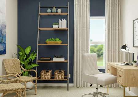 Rendering of the Keaton plan's flex room
  featuring a beechwood computer desk, white leather swivel chair and two
  wicker armchairs. A bookshelf is leaning against a blue accent wall that
  pairs with a blue abstract painting.