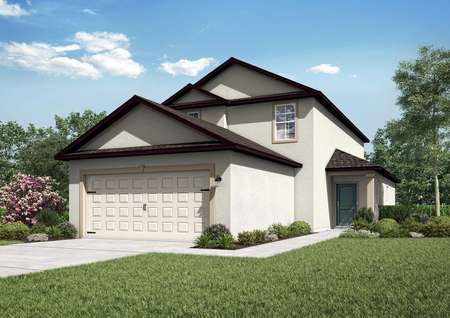 Rendering of two-story home with beautiful landscaping.