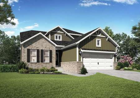 The Mid Atlantic Roanoke rendering of a single story home with brick accents.   