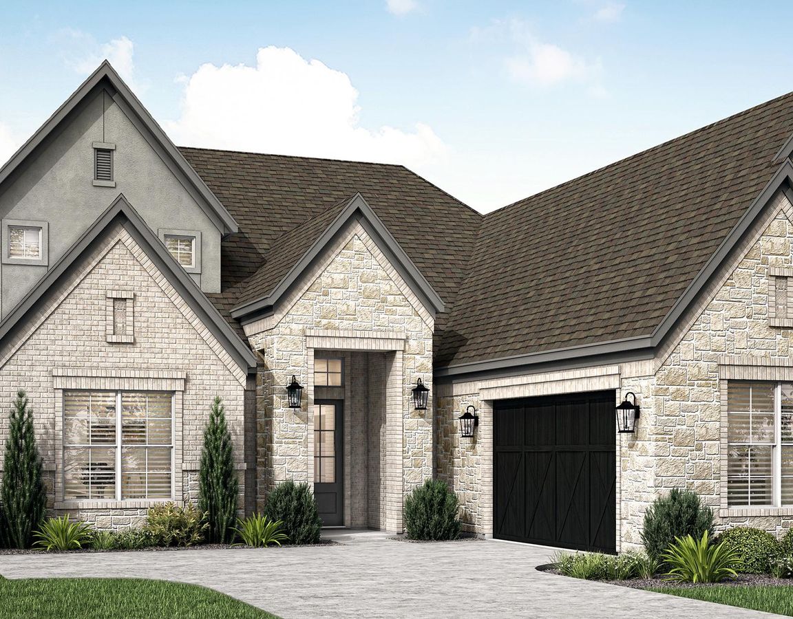 The Oakmont has a light brick and stone exterior with gray stucco.