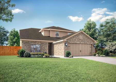Cypress new home rendering with brick finish, two-car multi-panel garage, and lush grass