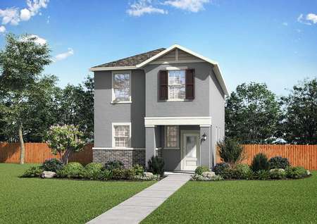 The renderings of the two-story Kennedy floor plan with a beautifully landscaped front yard.