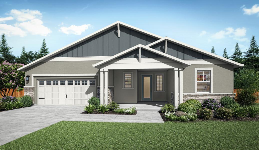 The Marshall plan is a single-story home with gray stucco and blue siding accents.