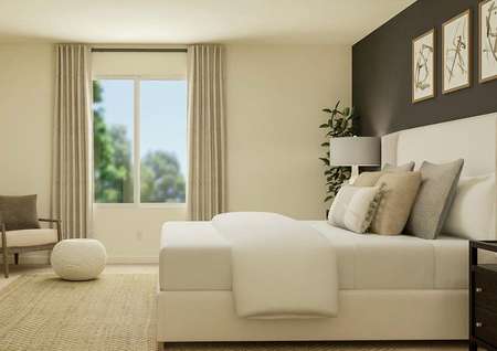 Rendering of the spacious master bedroom
  showcasing a large window. The room has a bed and nightstands on one side and
  a dresser and armchair on the other.