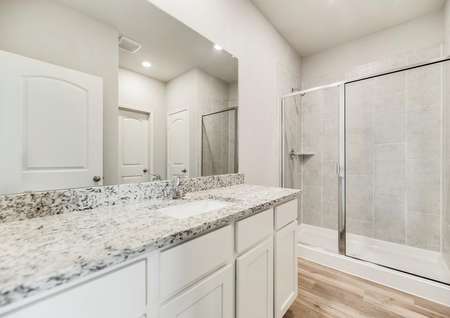 The bath of the Maple plan has a large shower and great vanity.