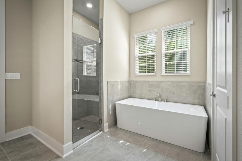 Master bath with walk-in shower and soaker tub.