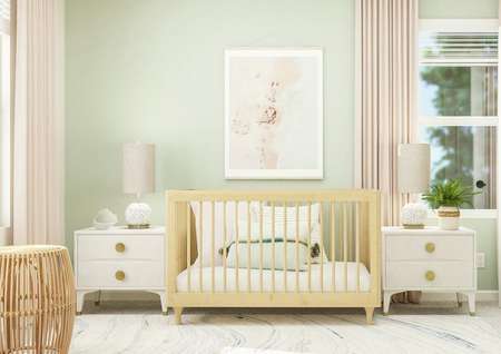 Rendering of a bedroom with two windows
  and carpeted flooring. The room is being used as a nursery with a crib placed
  between two nightstands.