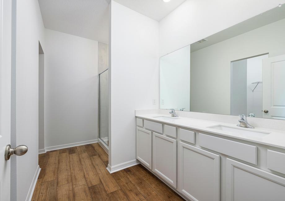The master bathroom has a large double sink vanity, a large closet, and a walk-in shower