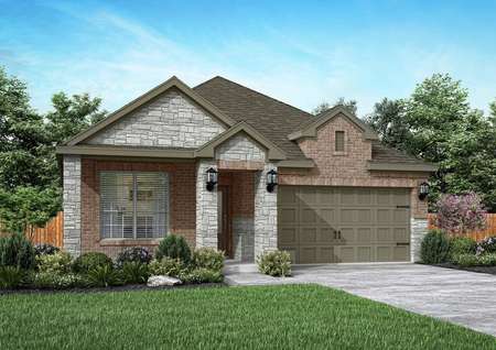 Exterior rendering of the one-story Basswood floor plan with brick and stone masonry, front yard landscaping and a two-car garage