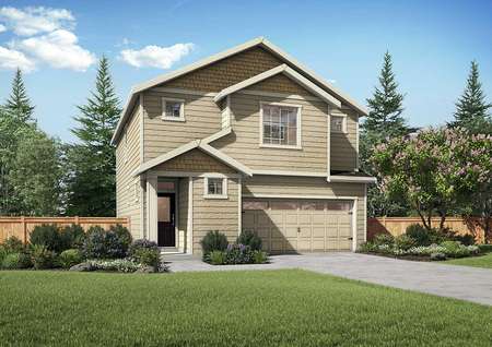 Hawthorn two-story home rendering with white trim, 2 car garage, and green landscaped front yard