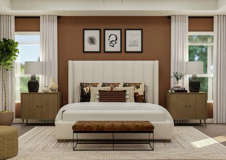 Rendering of the spacious owner's bedroom
  featuring a large bed and furniture along a brown accent wall with two large
  windows. 