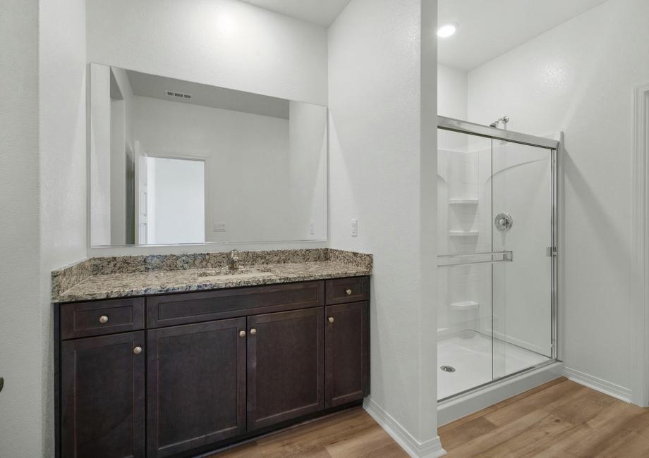 The master bathroom has a large vanity and a step in shower.Â 