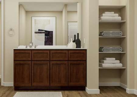 Rendering of the master bath showing the
  brown cabinet vanity with mirror and linen closet.