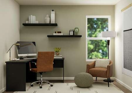 Rendering of an office with a corner
  desk, chair and floating shelves. A window is in the back corner.