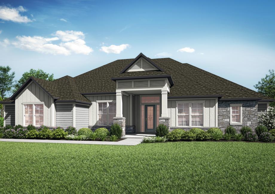 The Timberland plan is a two-story home with an incredible front entryway and stone details.