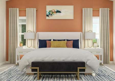 Rendering of the spacious master bedroom
  with vaulted ceiling. The room is furnished with a bed between two
  nightstands. A bench sits at the foot of the bed and abstract art hangs above
  it.