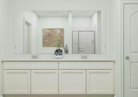 Rendering of the large double-sink vanity
  in the master bath, which has white cabinetry. A shower and tub are reflected
  in the mirror.