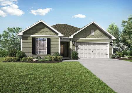Martin single story home rendering with landscape yard, white garage door, and dark colored shutters