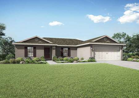 The Caladesi floor plans renderings that have a decorative two-car garage and a lush green grass front yard.