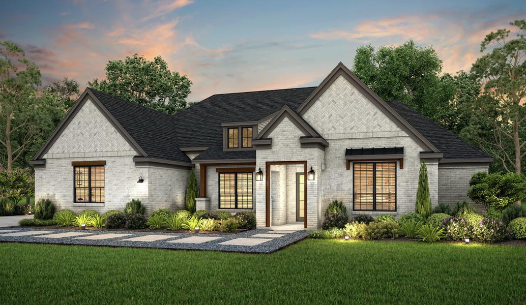 Dusk rendering of the beautiful Bradley plan with a light brick exterior.