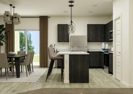 Rendering of the kitchen showcasing the
  dark wooden cabinets, beautiful vinyl plank flooring and large island. The
  dining room and sliding glass door are visible next to it.