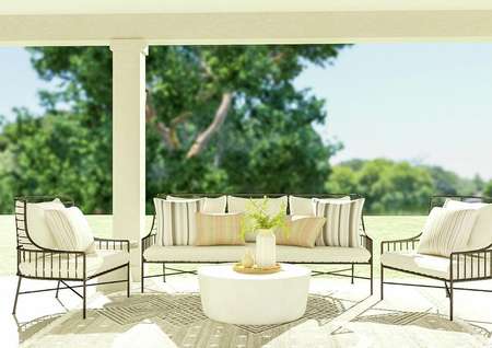 Rendering of the covered patio showcasing
  an outdoor sofa set, coffee table and rug in front of a stunning backyard
  view.