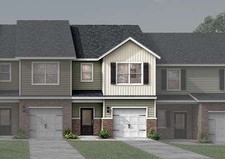 The Robertson plan at West Hills has a brick and siding exterior with window shutters.