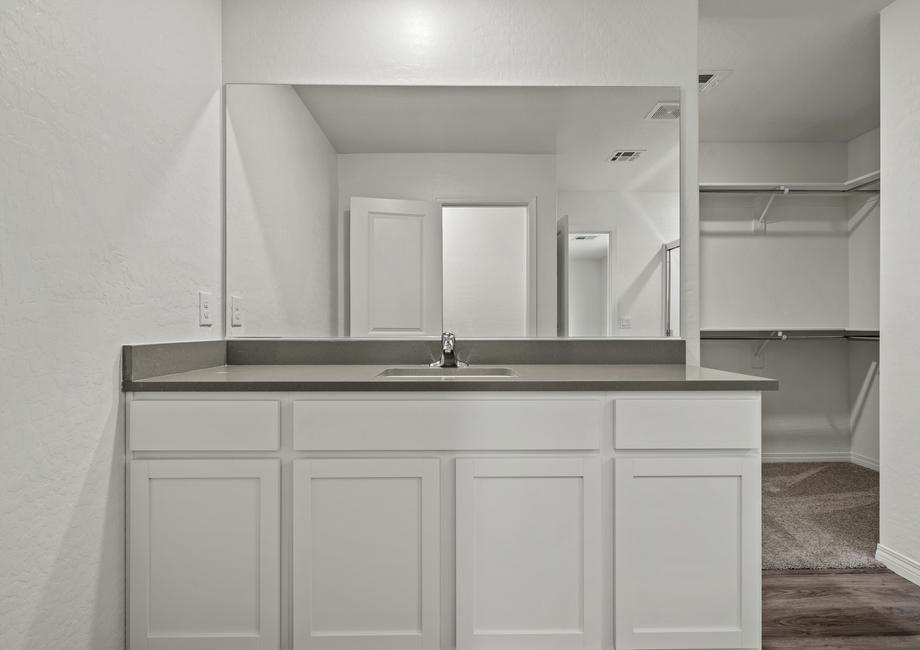 Master bathroom with large vanity and large walk in closet and step in shower